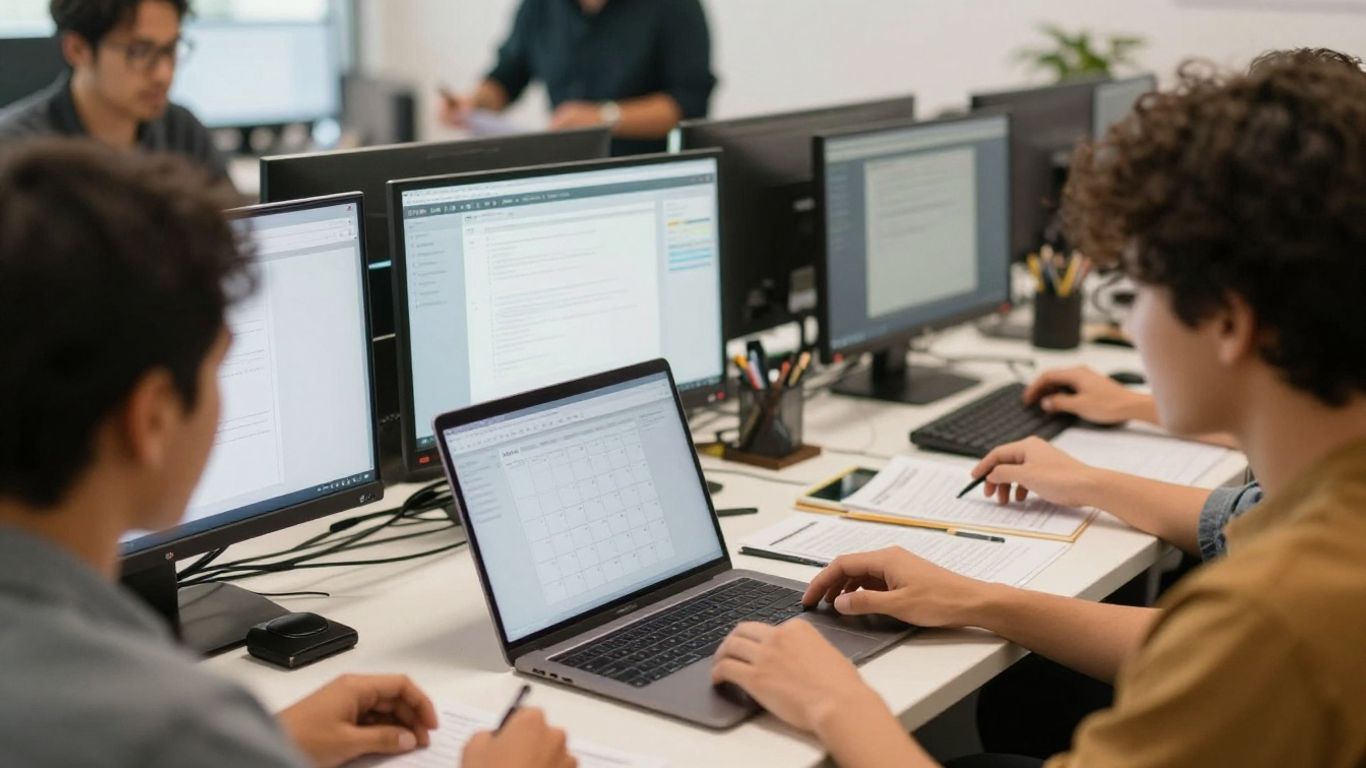 A team reviewing digital workflows together
