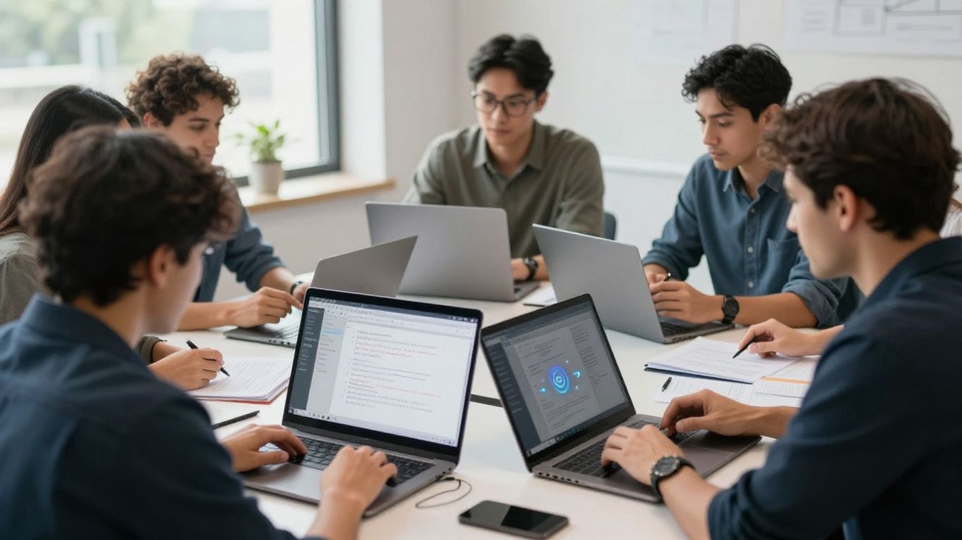 Employees collaborating around an AI-assisted workspace