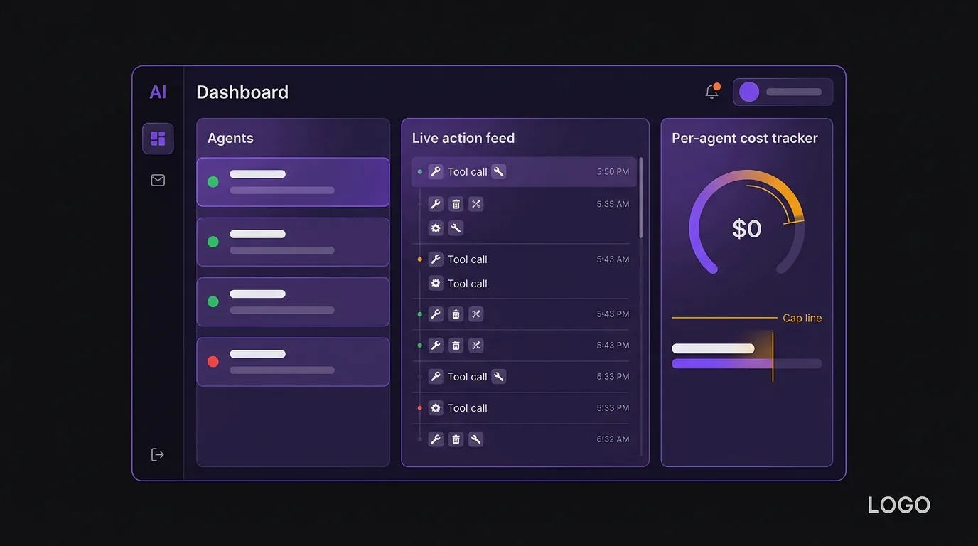 Stylized dashboard mockup showing AI agent monitoring, a live action log of tool calls, and per-agent cost tracking with spending caps.