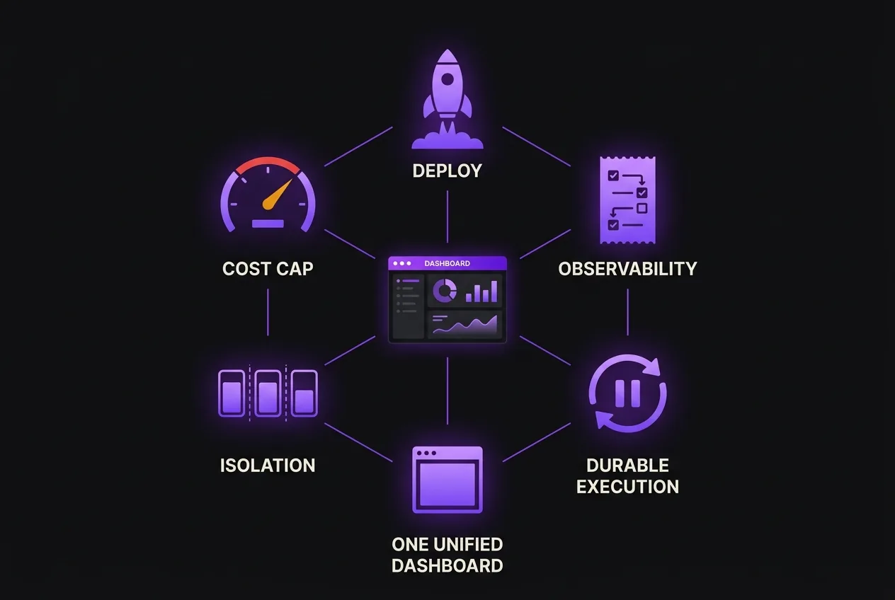 Checklist of six production requirements for AI agents: one-click deployment, observability, durable execution, cost tracking with caps, isolation, and a unified dashboard.