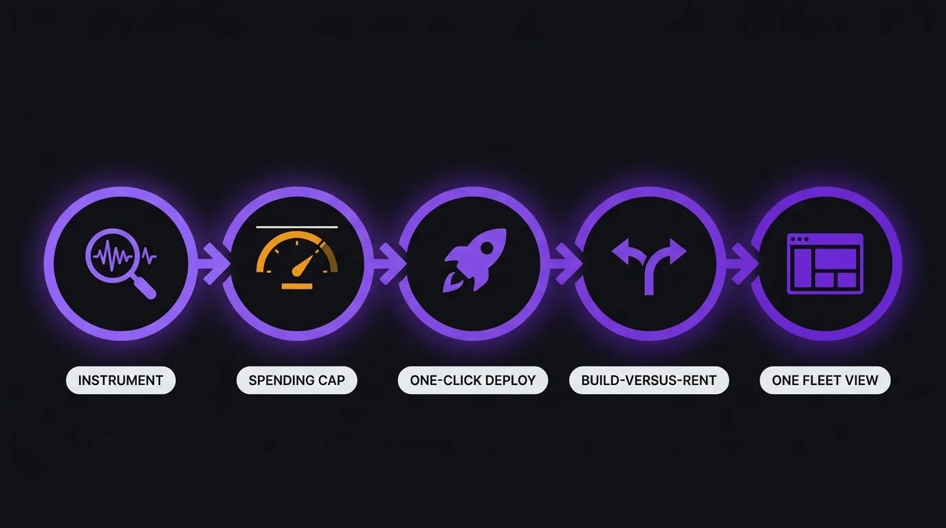 Five-step ordered checklist for deploying AI agents to production safely: instrument, set spending caps, one-click deploy, decide build vs rent early, and keep one fleet view.