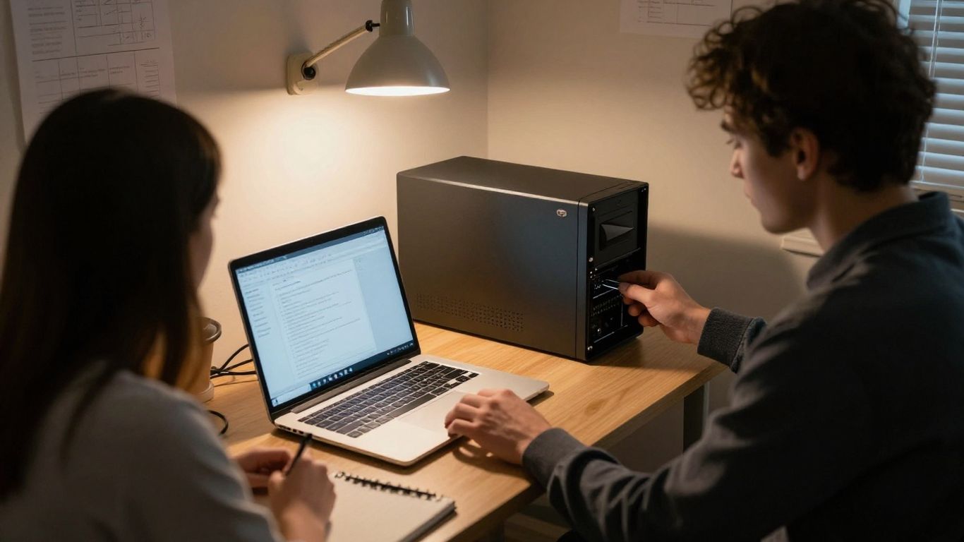Terminal setup beside an organized workspace