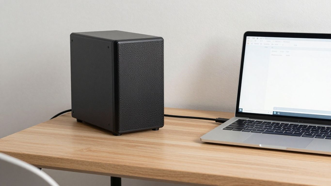 A compact server beside a laptop
