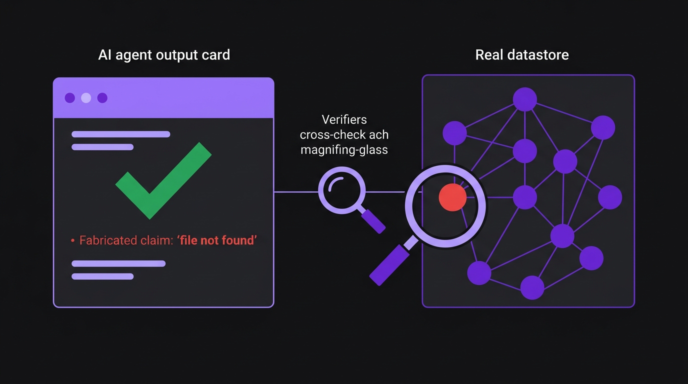 A confident agent output marked success, with a verifier cross-checking each claim against real data and flagging a fabricated one.