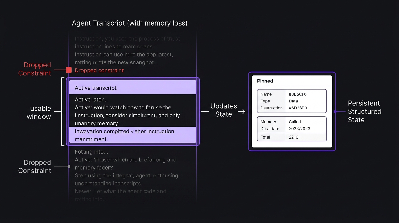 A long agent transcript where early constraints fade out of the usable window while a structured state block stays pinned and intact.